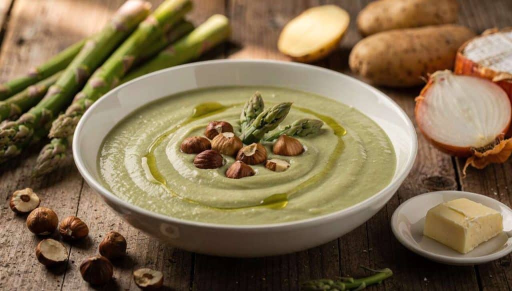 Velouté d'asperges à l'Époisses et noisettes : recette anti-gaspi