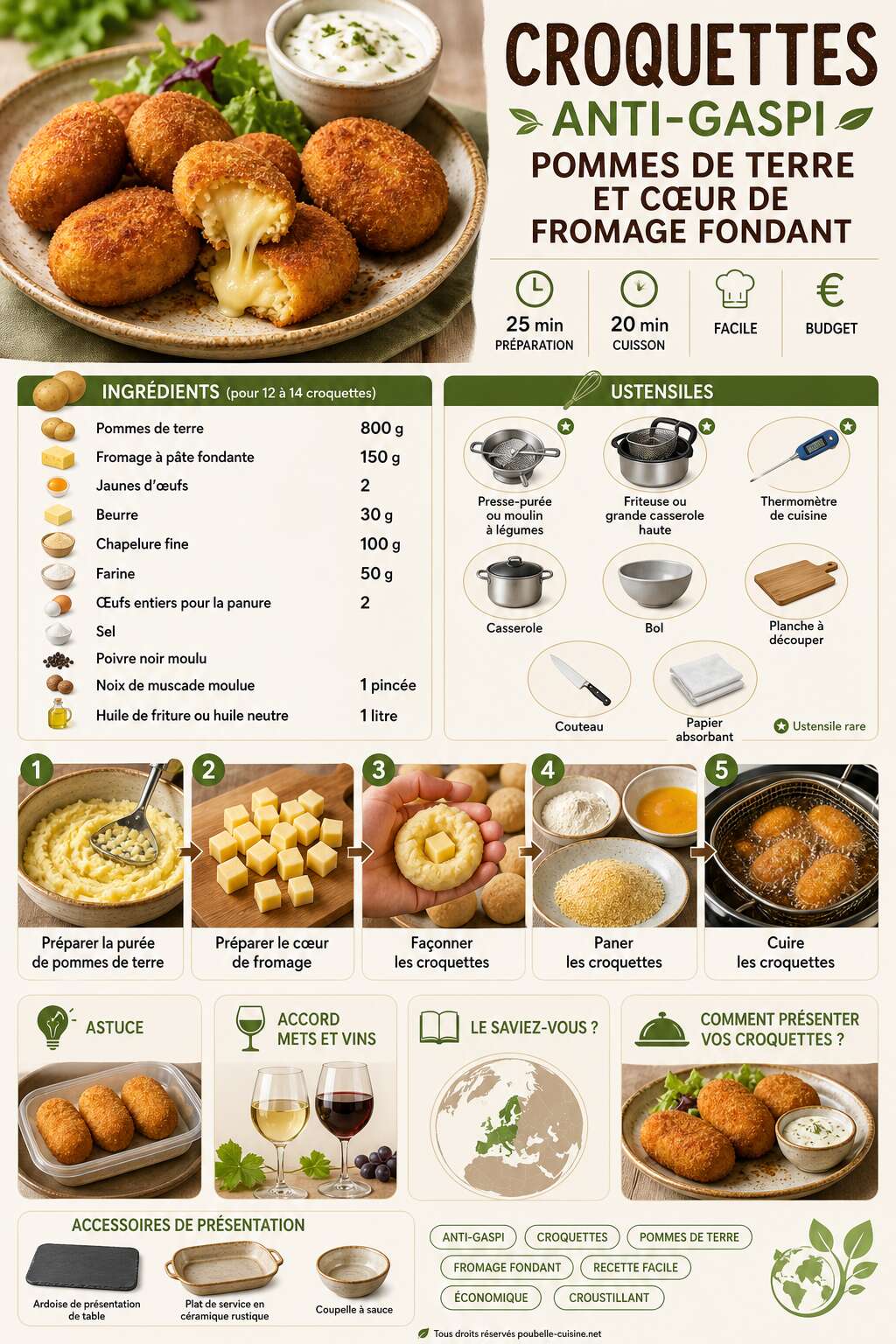 Fiche recette Croquettes anti-gaspi : pommes de terre et cœur de fromage fondant Fiche recette Croquettes anti-gaspi : pommes de terre et cœur de fromage fondant