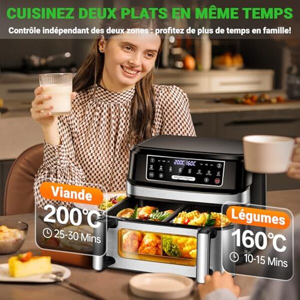 Explorez notre test détaillé de l'air fryer double compartiment 12L 2600W et découvrez comment il peut révolutionner votre cuisine avec sa capacité et performance exceptionnelles.