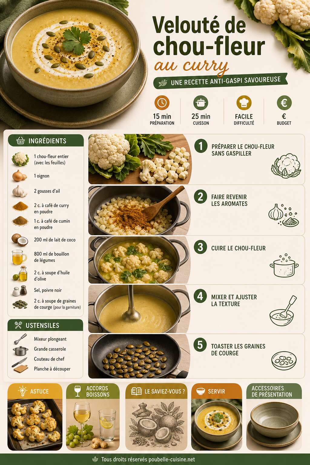 Fiche recette Velout&eacute; de chou-fleur au curry : une recette anti-gaspi savoureuse