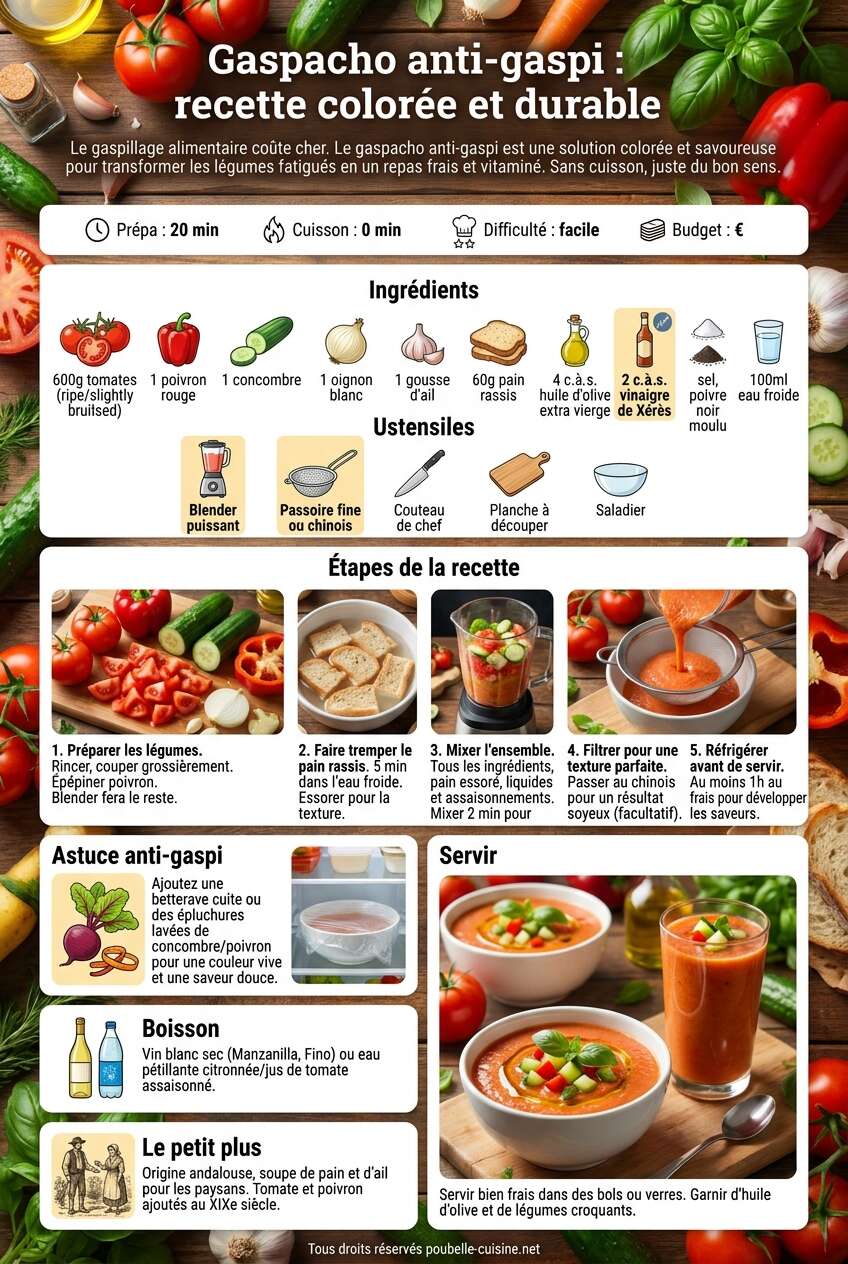 Fiche recette Gaspacho anti-gaspi : recette colorée et durable Fiche recette Gaspacho anti-gaspi : recette colorée et durable