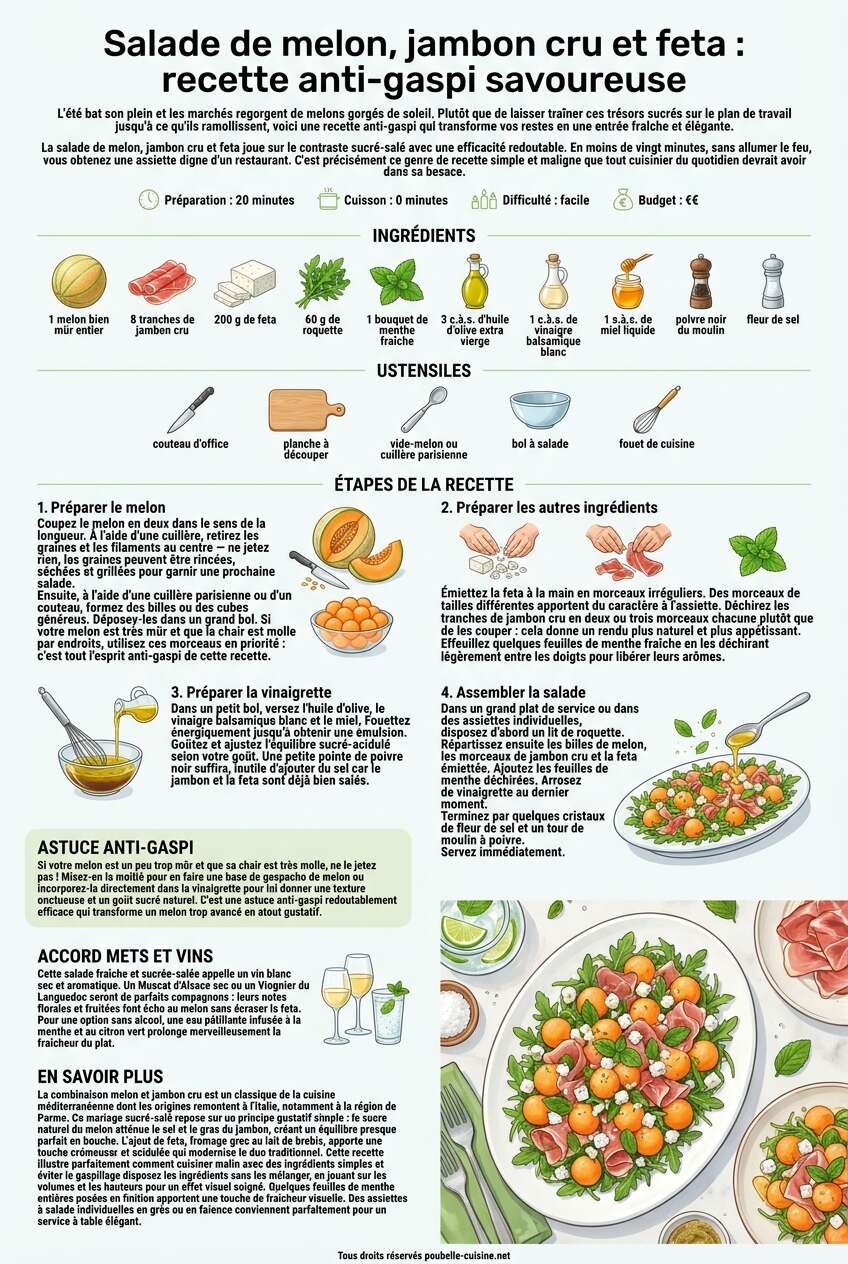 Fiche recette Salade de melon, jambon cru et feta : recette anti-gaspi savoureuse