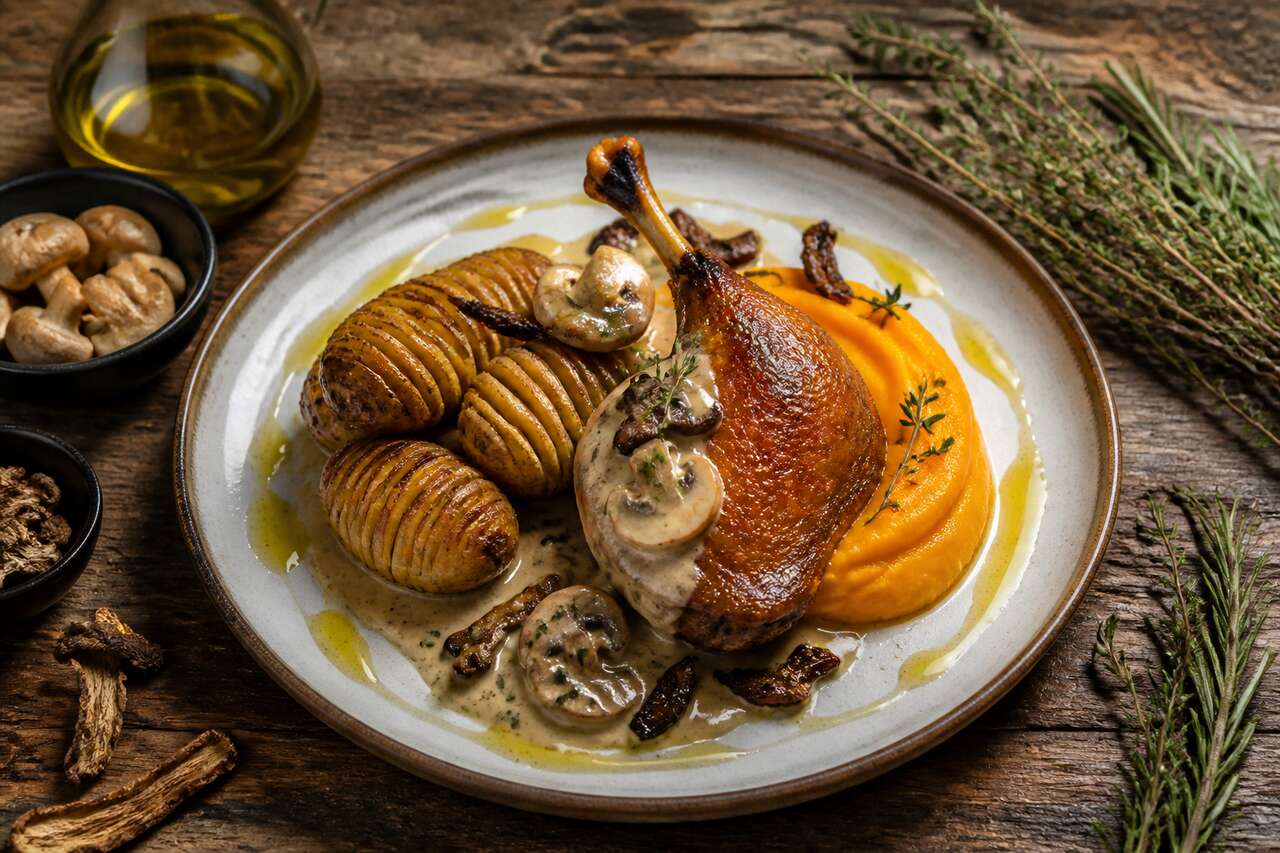 Confit de canard : purée de patate douce, pommes de terre Hasselback, sauce champignons