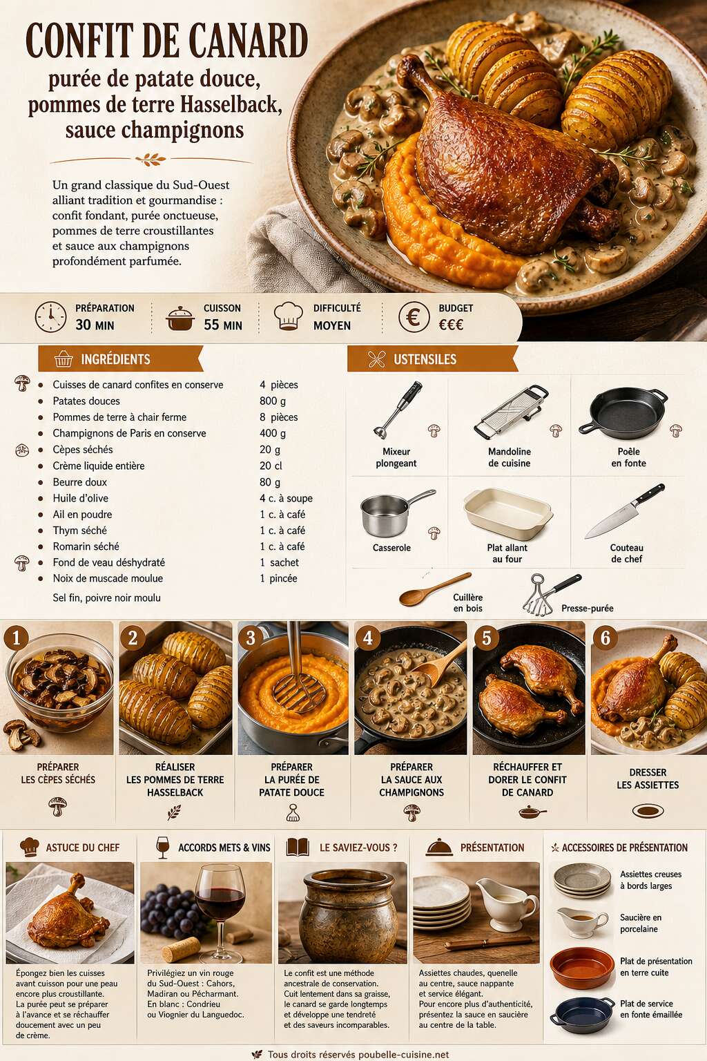 Fiche recette Confit de canard : purée de patate douce, pommes de terre Hasselback, sauce champignons Fiche recette Confit de canard : purée de patate douce, pommes de terre Hasselback, sauce champignons