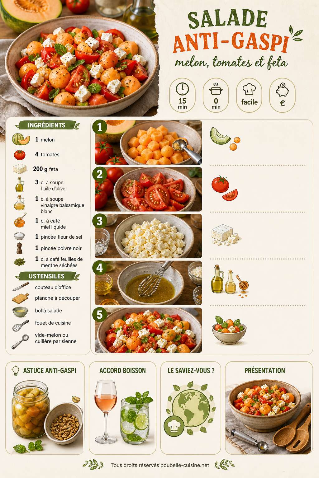 Fiche recette Salade anti-gaspi : melon, tomates et feta