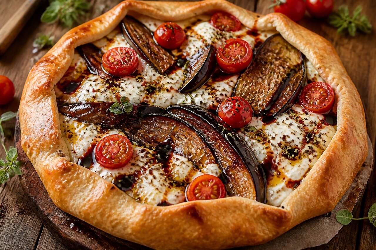 Tarte rustique aubergines burrata crémeuse : recette anti-gaspi