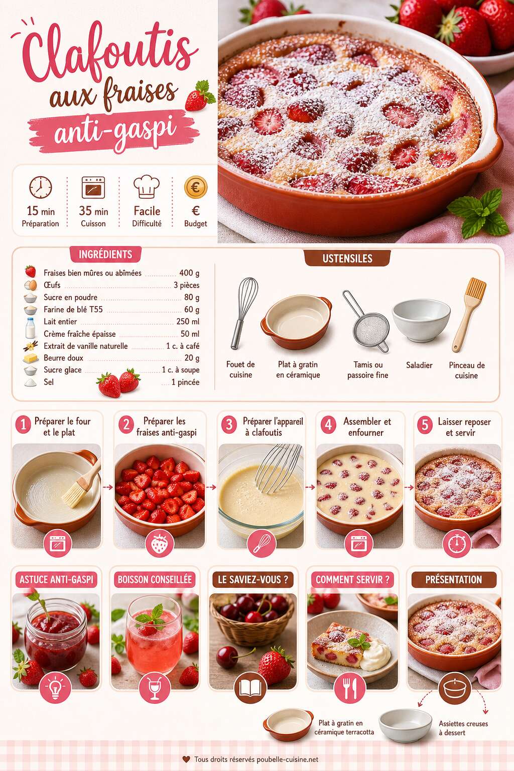 Fiche recette Recette : clafoutis aux fraises anti-gaspi Fiche recette Recette : clafoutis aux fraises anti-gaspi