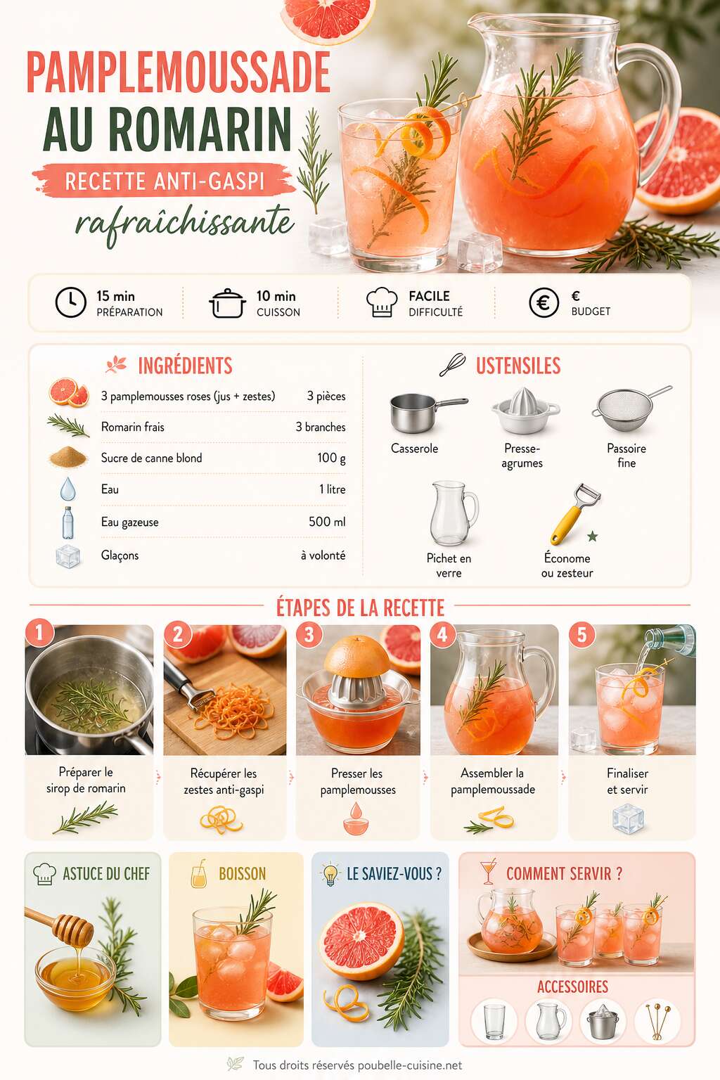Fiche recette Pamplemoussade au Romarin : recette anti-gaspi rafraîchissante Fiche recette Pamplemoussade au Romarin : recette anti-gaspi rafraîchissante