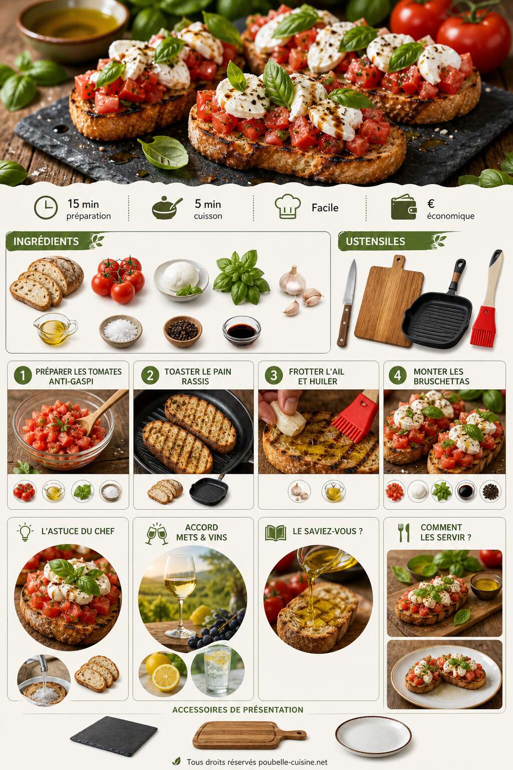 Fiche recette Bruschetta tomate mozzarella basilic : recette anti-gaspi savoureuse Fiche recette Bruschetta tomate mozzarella basilic : recette anti-gaspi savoureuse