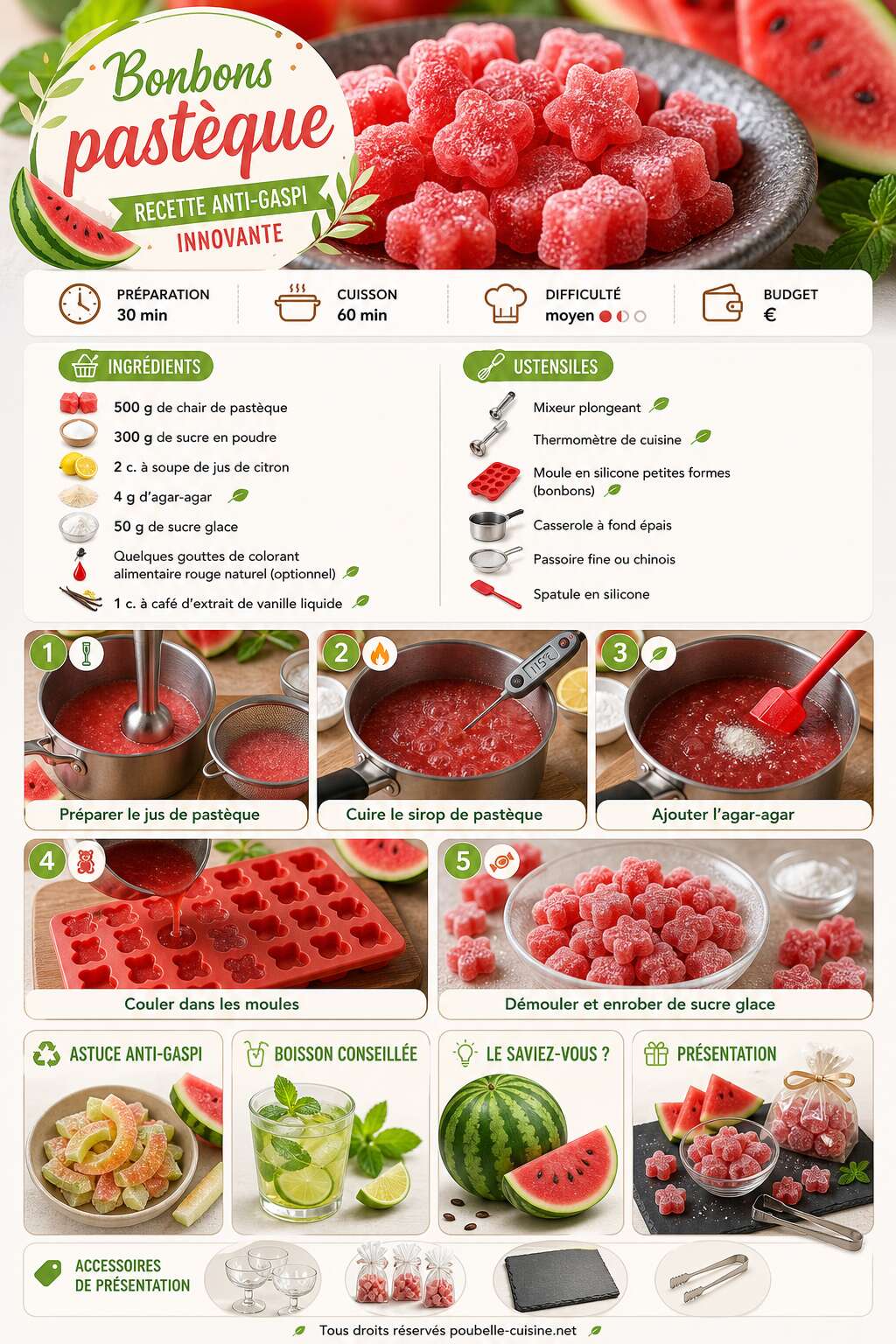 Fiche recette Bonbons pastèque : recette anti-gaspi innovante Fiche recette Bonbons pastèque : recette anti-gaspi innovante