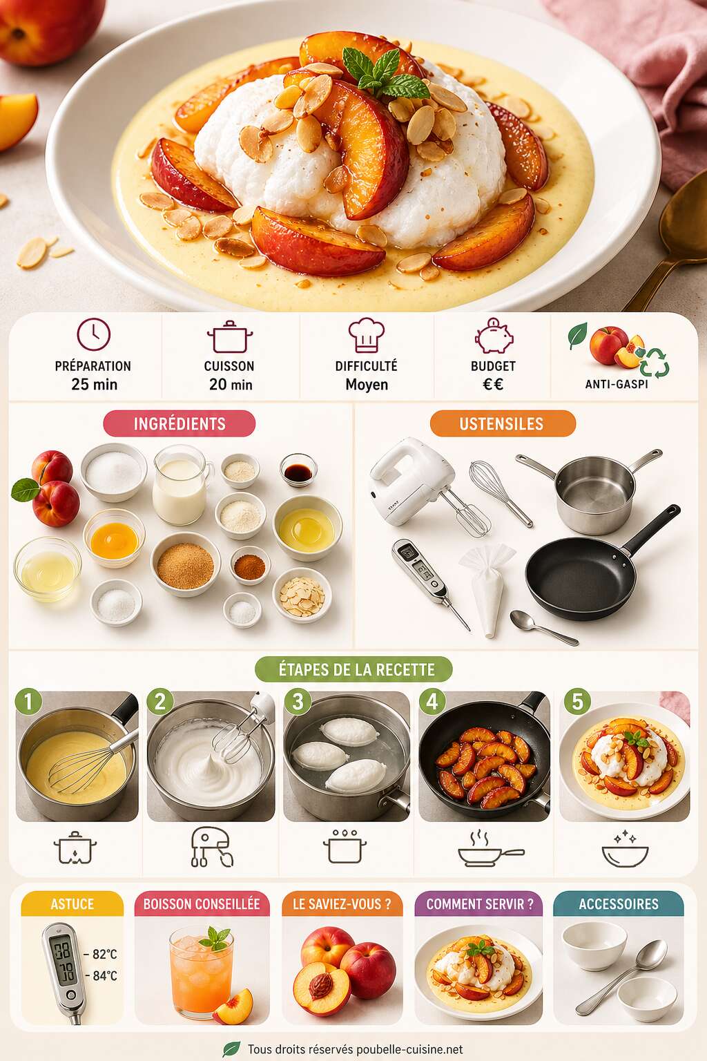 Fiche recette Ile flottante aux nectarines poêlées : recette anti-gaspi savoureuse Fiche recette Ile flottante aux nectarines poêlées : recette anti-gaspi savoureuse