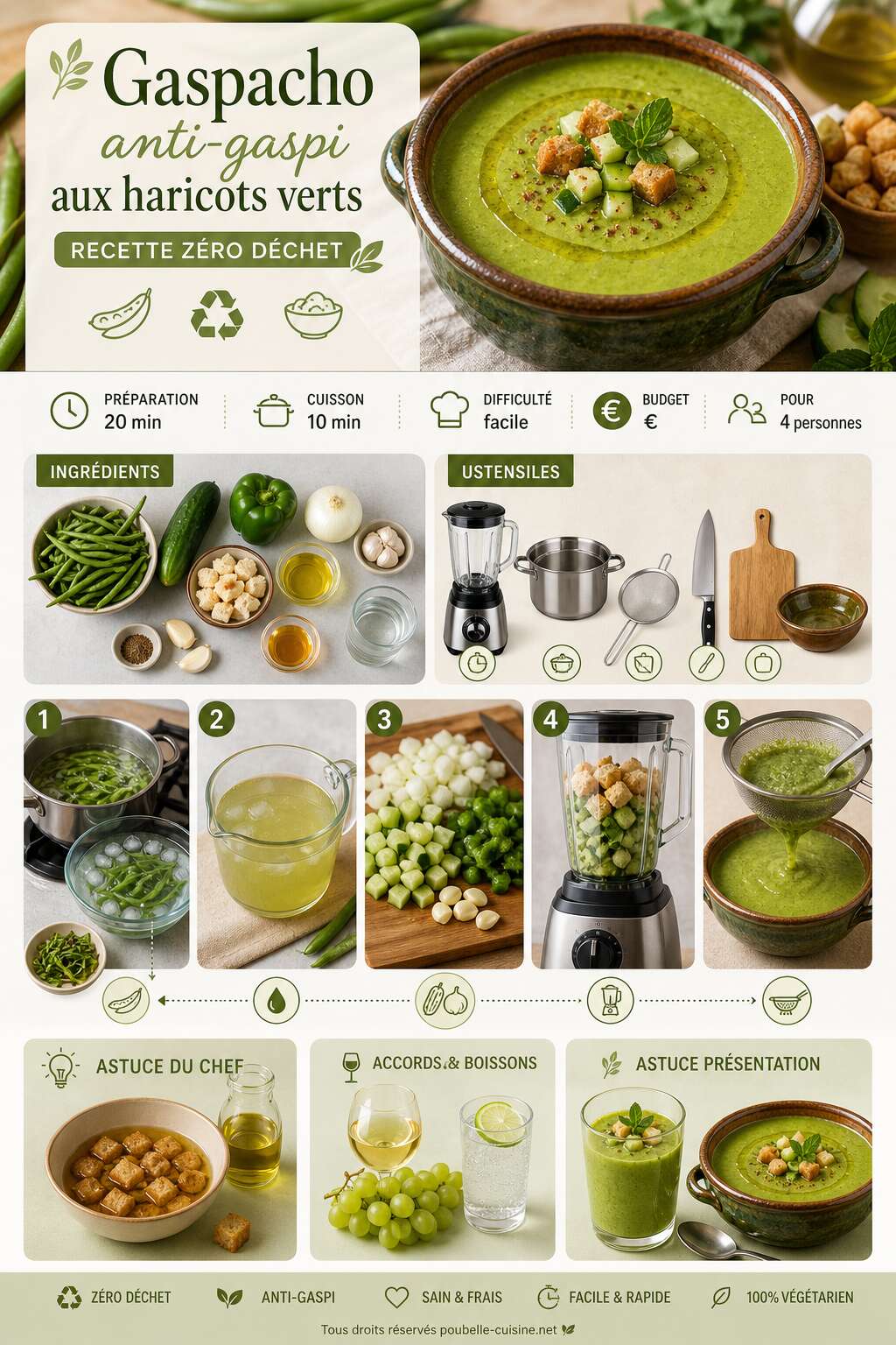 Fiche recette Gaspacho anti-gaspi aux haricots verts : recette zéro déchet Fiche recette Gaspacho anti-gaspi aux haricots verts : recette zéro déchet