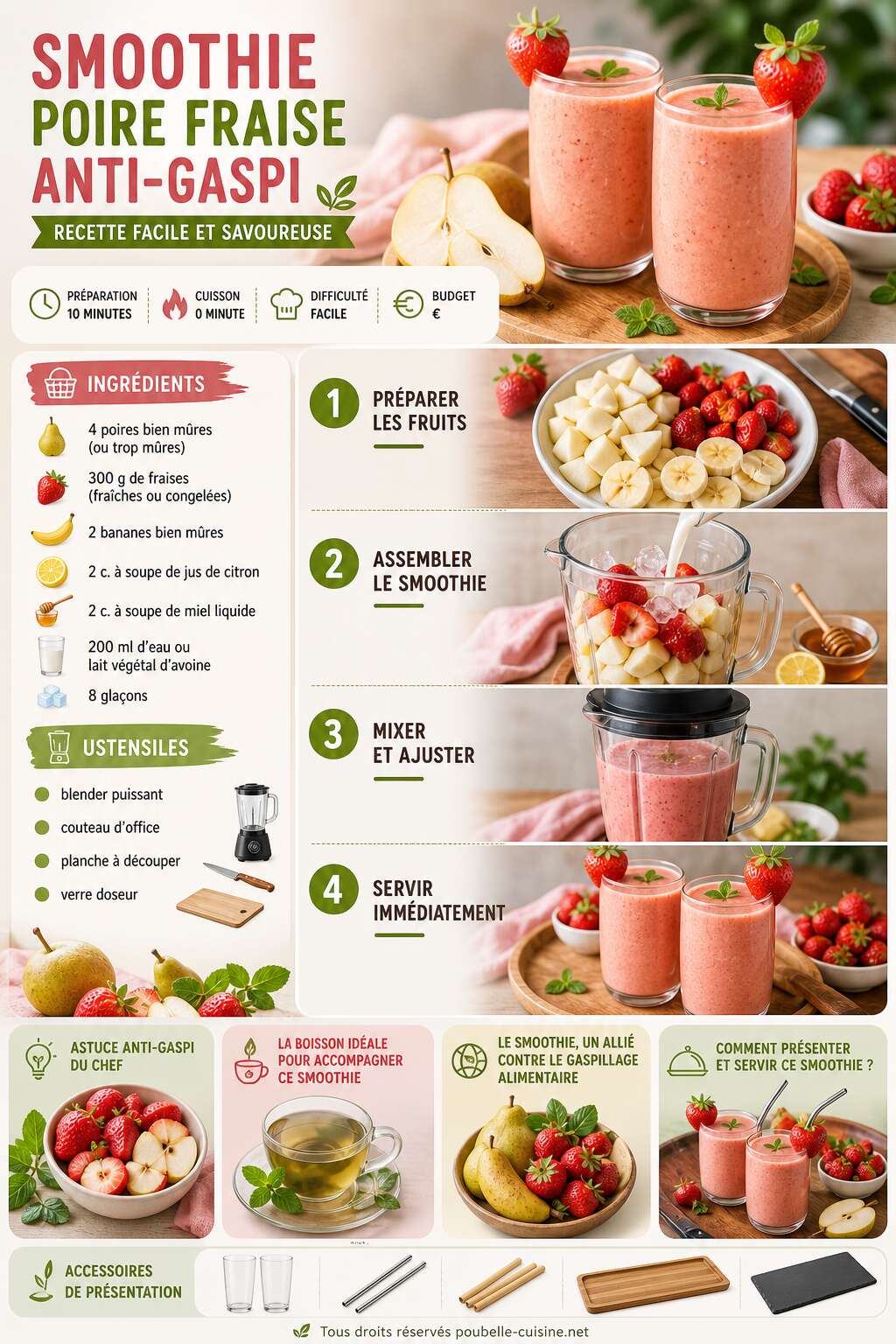 Fiche recette Smoothie poire fraise anti-gaspi : recette facile et savoureuse