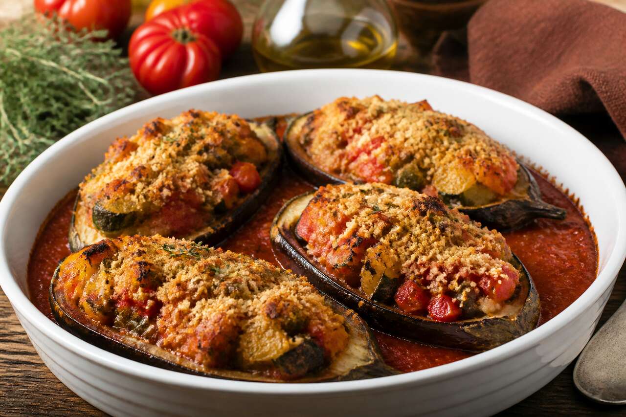 Recette: aubergines farcies fa&ccedil;on ratatouille et pain rassis croustillant