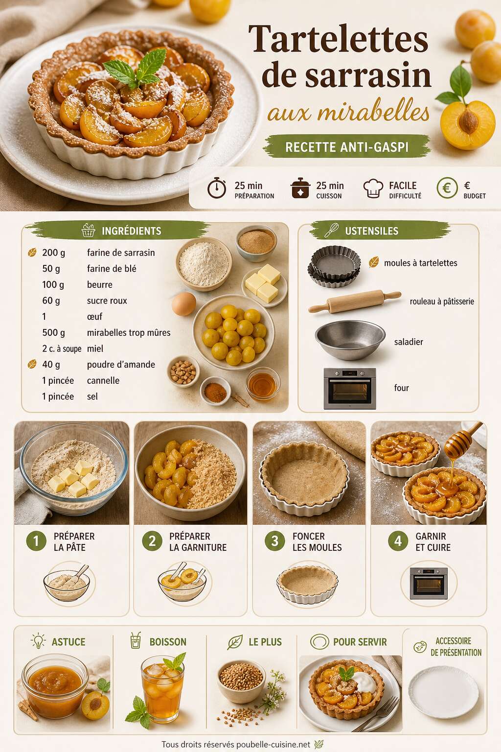Fiche recette Tartelettes de sarrasin aux mirabelles : recette anti-gaspi Fiche recette Tartelettes de sarrasin aux mirabelles : recette anti-gaspi