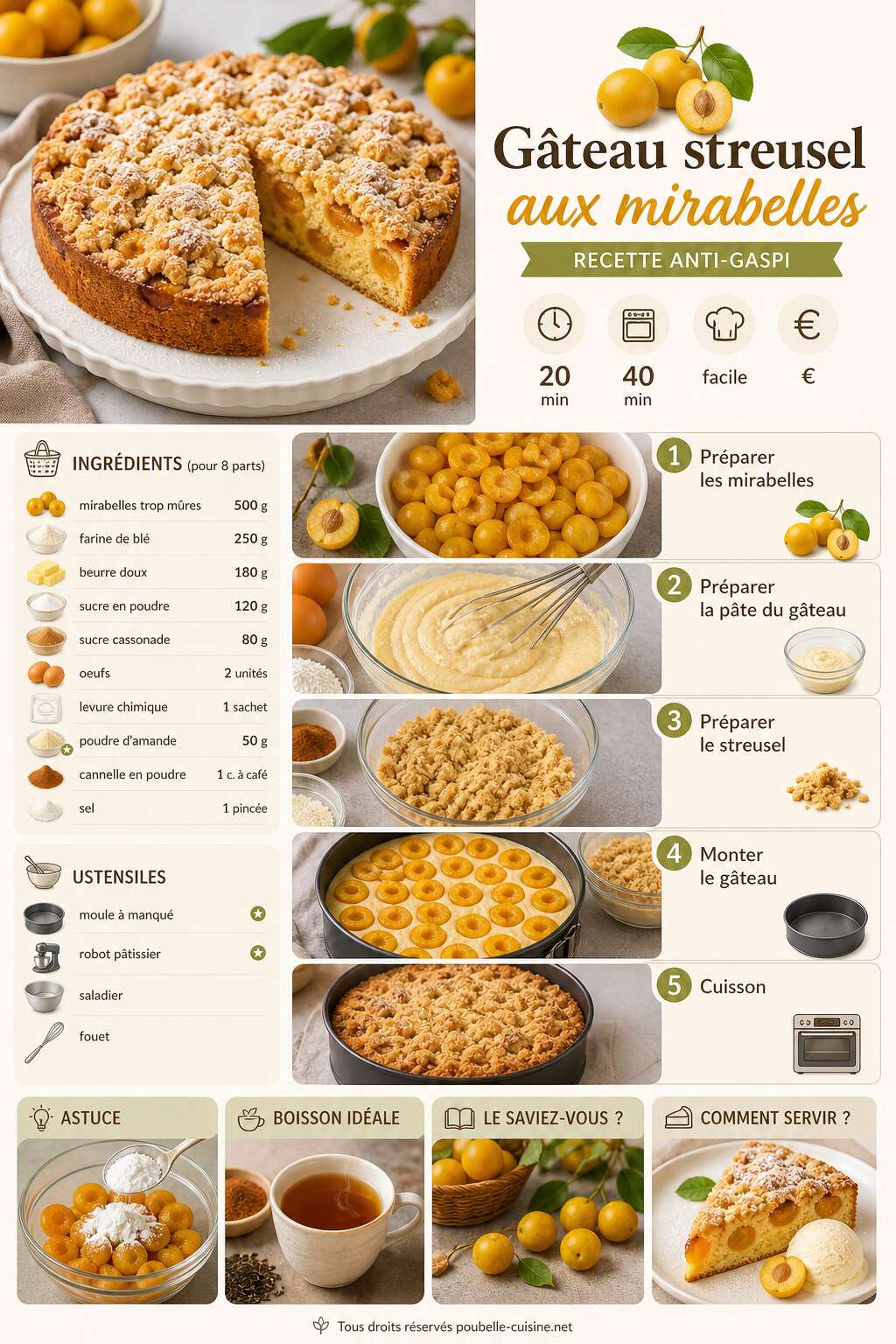 Fiche recette G&acirc;teau streusel aux mirabelles : recette anti-gaspi