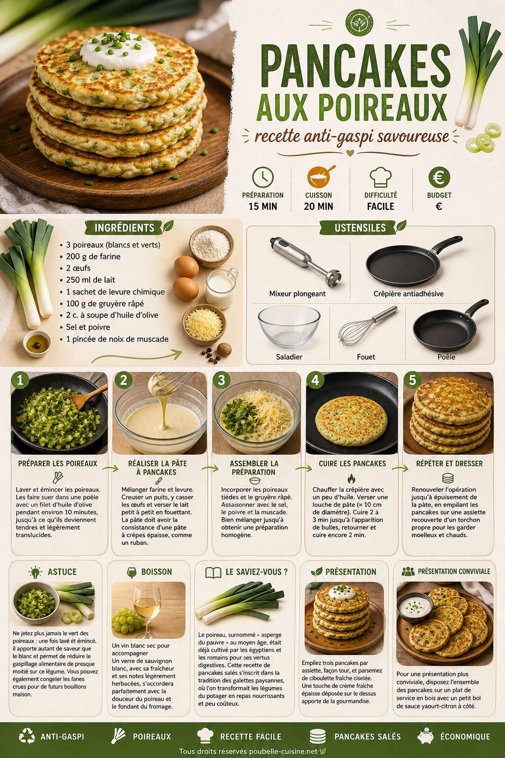 Fiche recette Pancakes aux poireaux : recette anti-gaspi savoureuse