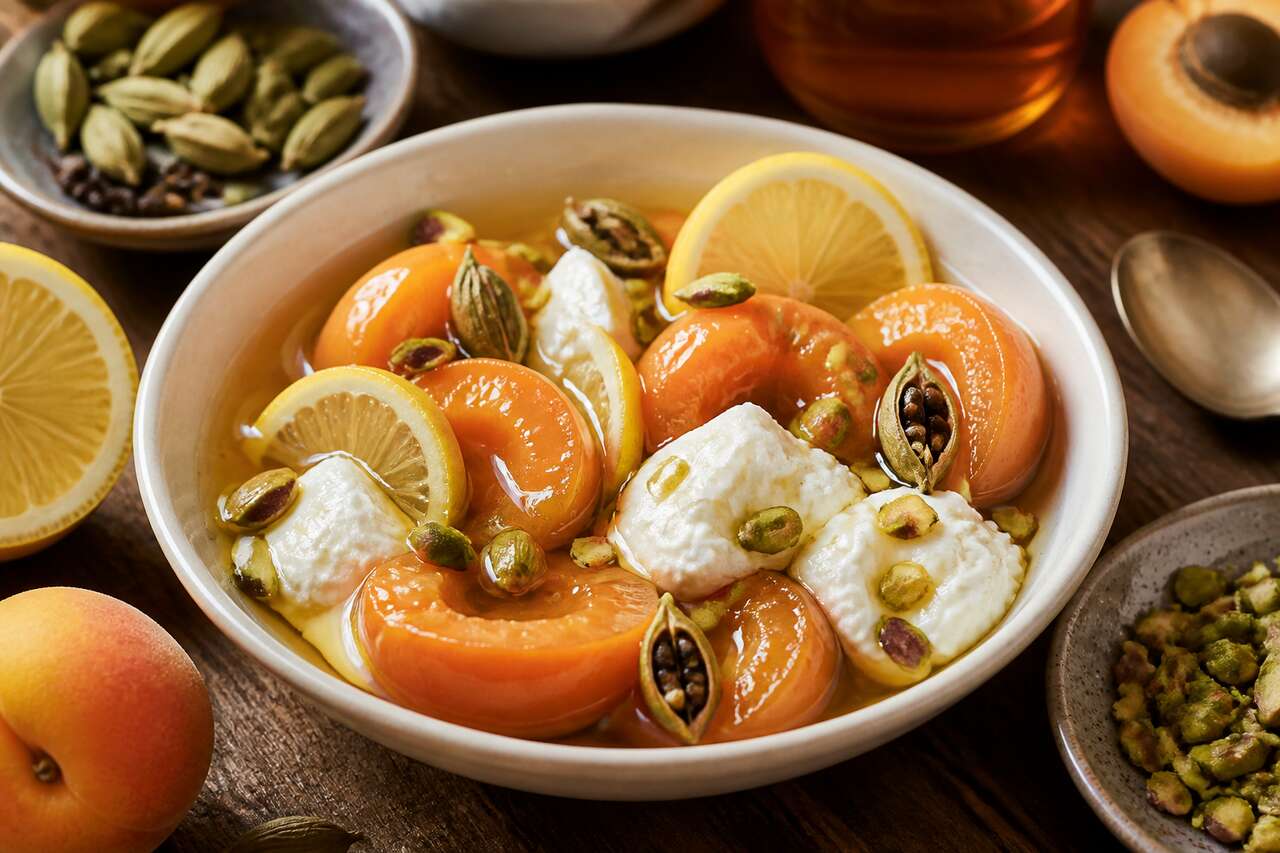 Abricots au sirop de cardamome et pistaches avec fromage blanc