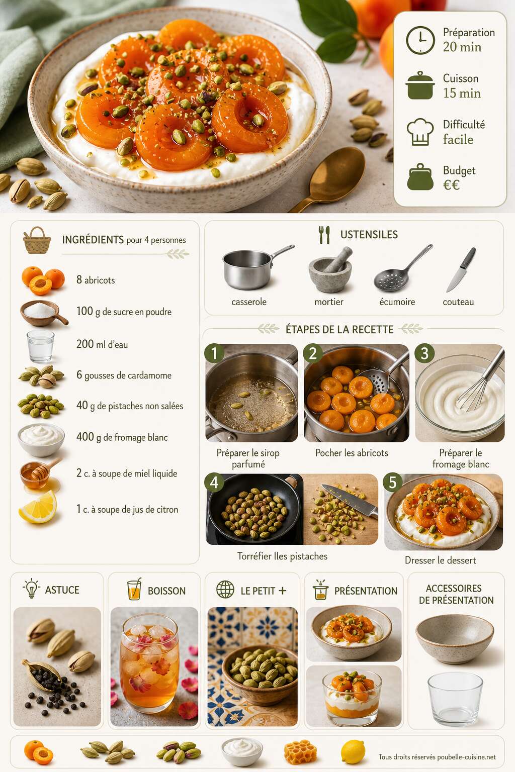 Fiche recette Abricots au sirop de cardamome et pistaches avec fromage blanc