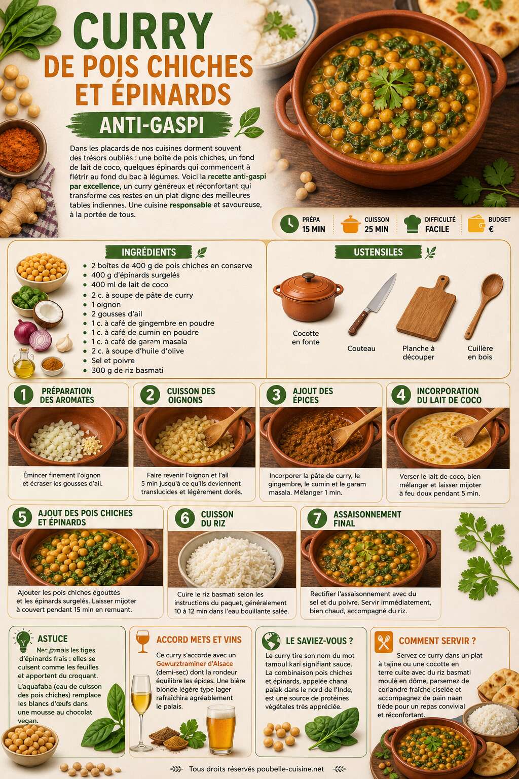 Fiche recette Curry de pois chiches et épinards anti-gaspi Fiche recette Curry de pois chiches et épinards anti-gaspi