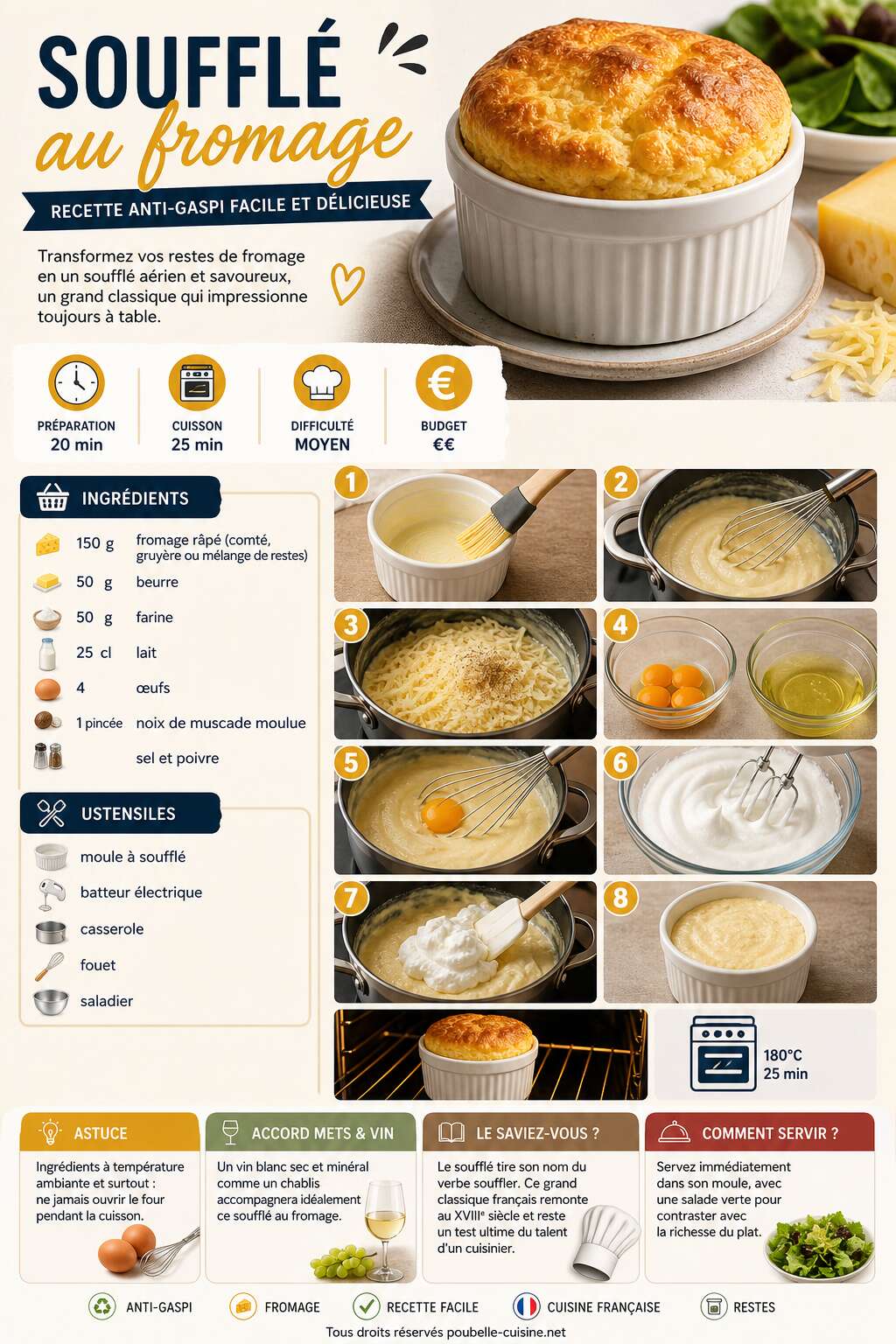 Fiche recette Soufflé au fromage : recette anti-gaspi facile et délicieuse Fiche recette Soufflé au fromage : recette anti-gaspi facile et délicieuse