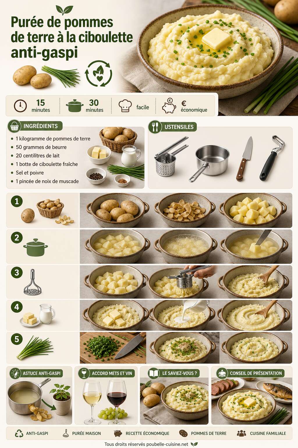 Fiche recette Purée de pommes de terre à la ciboulette anti-gaspi Fiche recette Purée de pommes de terre à la ciboulette anti-gaspi