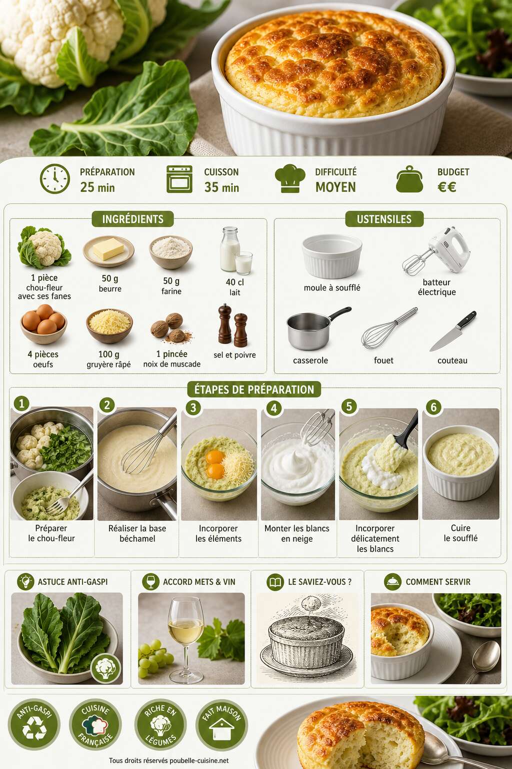 Fiche recette Soufflé de chou-fleur anti-gaspi : recette et astuces Fiche recette Soufflé de chou-fleur anti-gaspi : recette et astuces