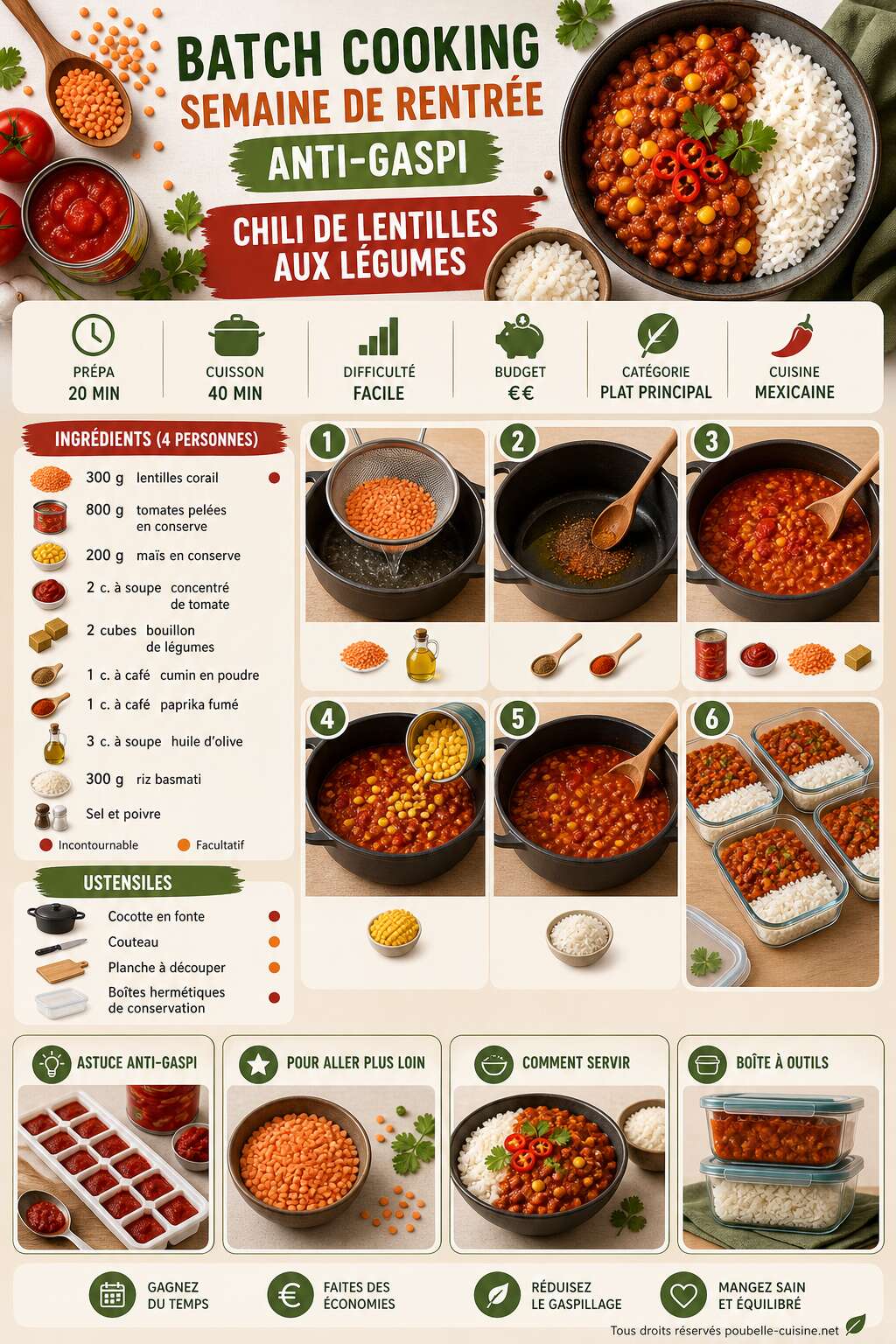 Fiche recette Batch cooking semaine rentrée anti-gaspi : recettes faciles et durables Fiche recette Batch cooking semaine rentrée anti-gaspi : recettes faciles et durables