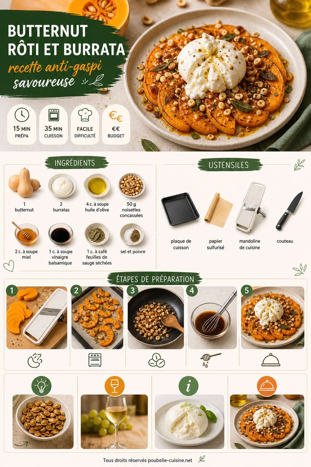 Fiche recette Butternut r&ocirc;ti et burrata : recette anti-gaspi savoureuse
