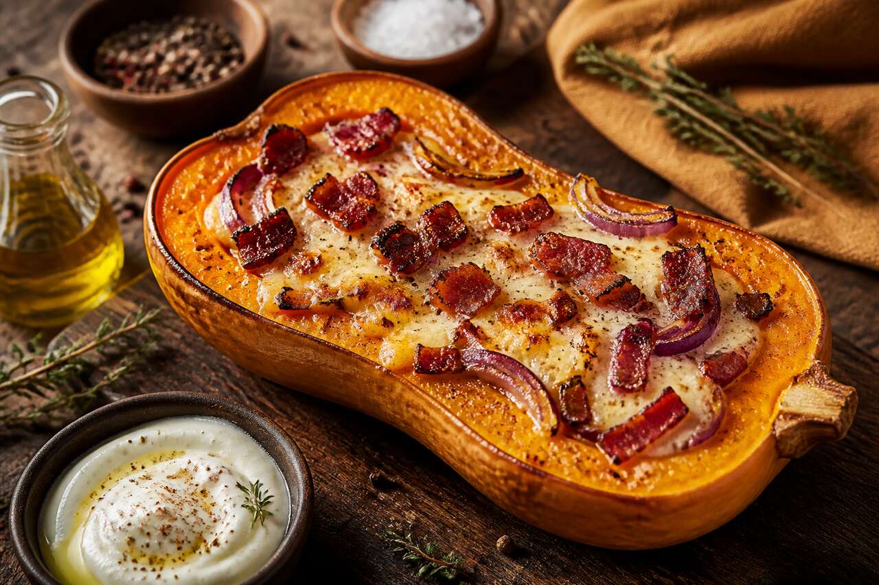 Butternut farcie au camembert et lardons : recette anti-gaspi automnale