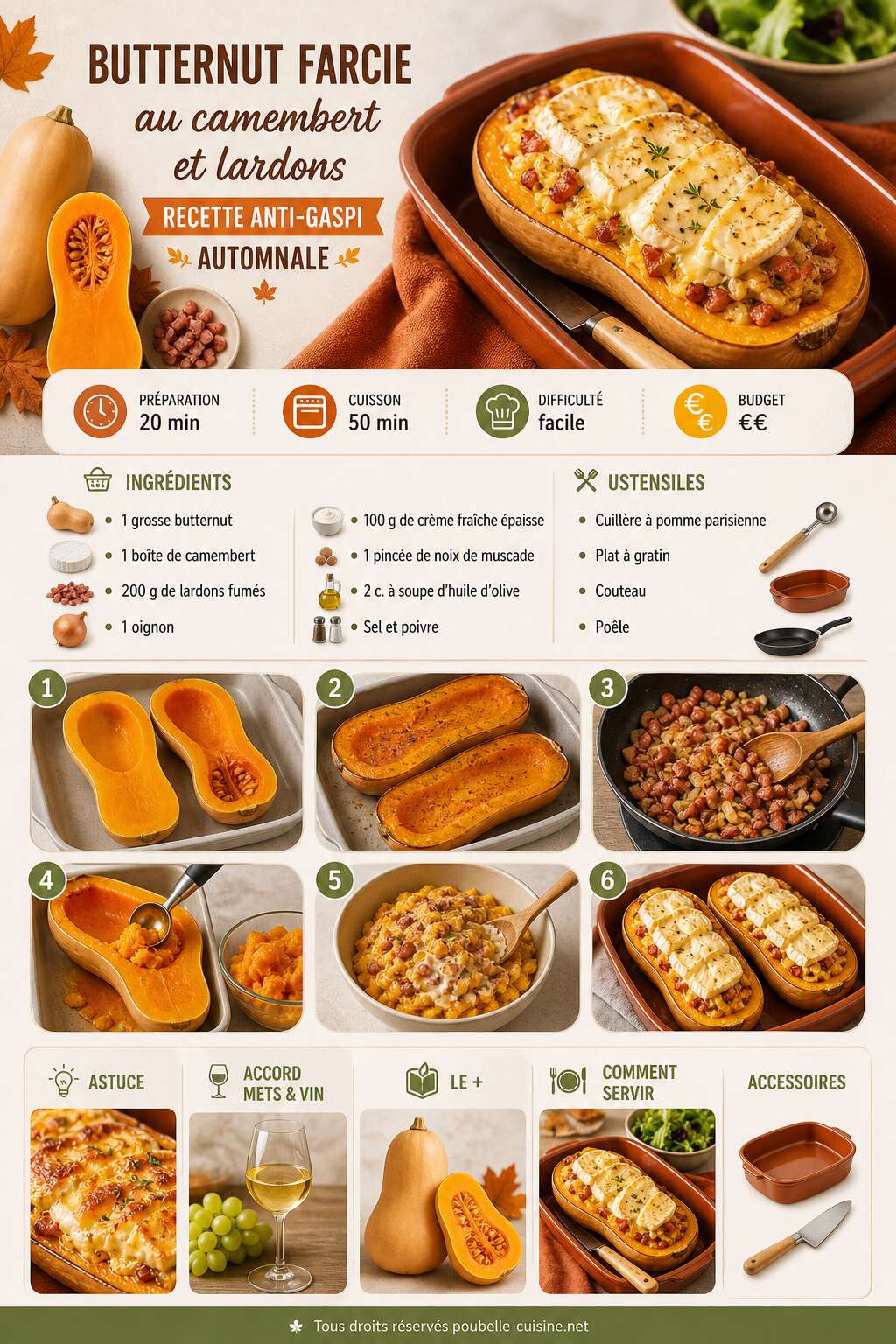 Fiche recette Butternut farcie au camembert et lardons : recette anti-gaspi automnale