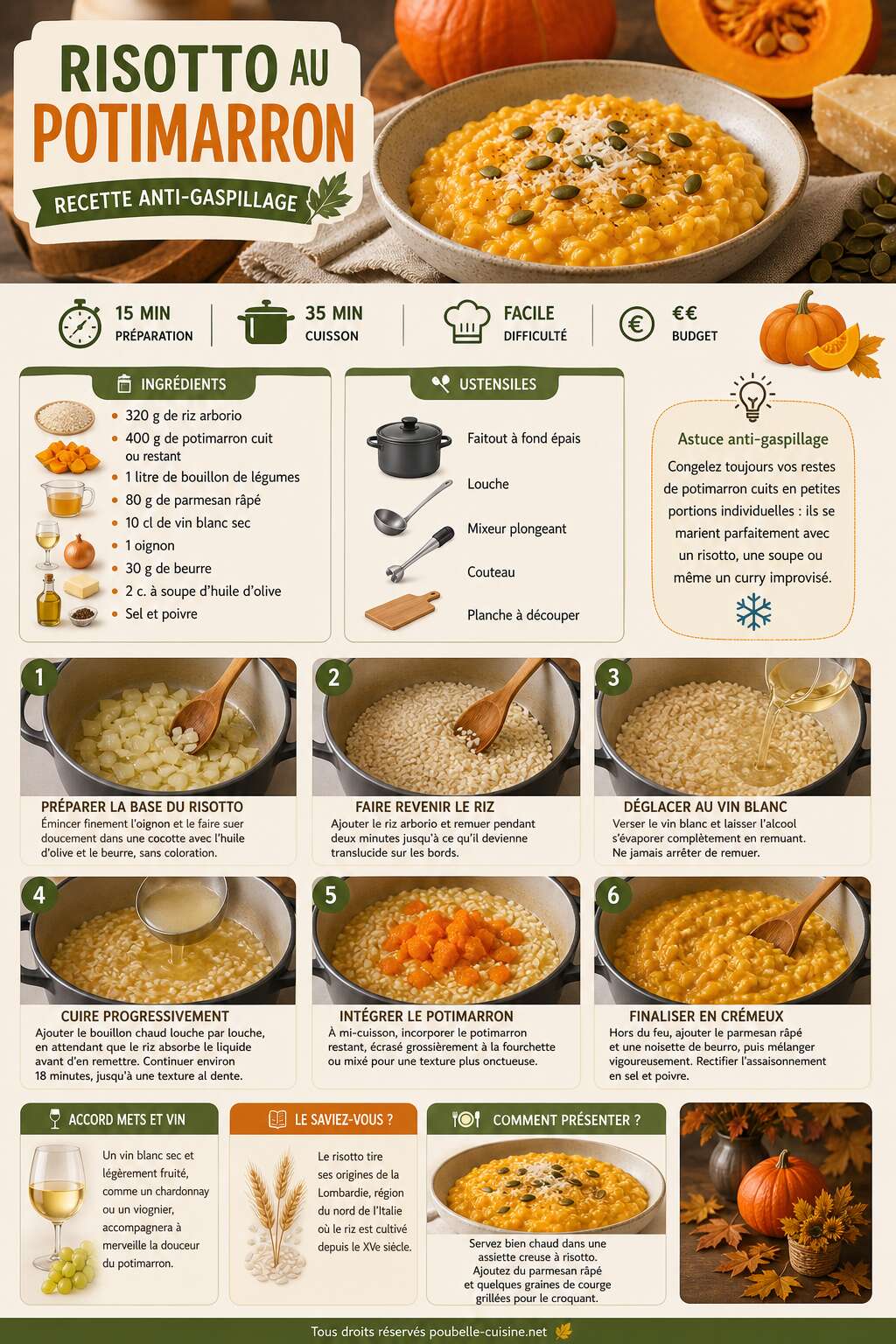 Fiche recette Risotto au Potimarron : recette Anti-Gaspillage