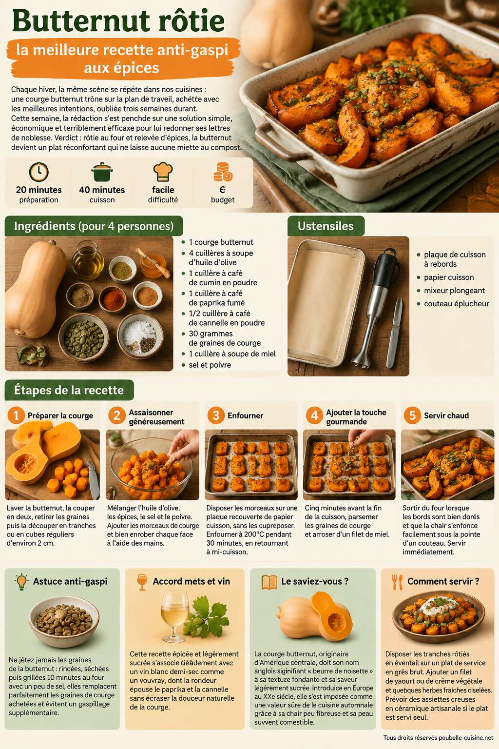Fiche recette Butternut r&ocirc;tie : la meilleure recette anti-gaspi aux &eacute;pices