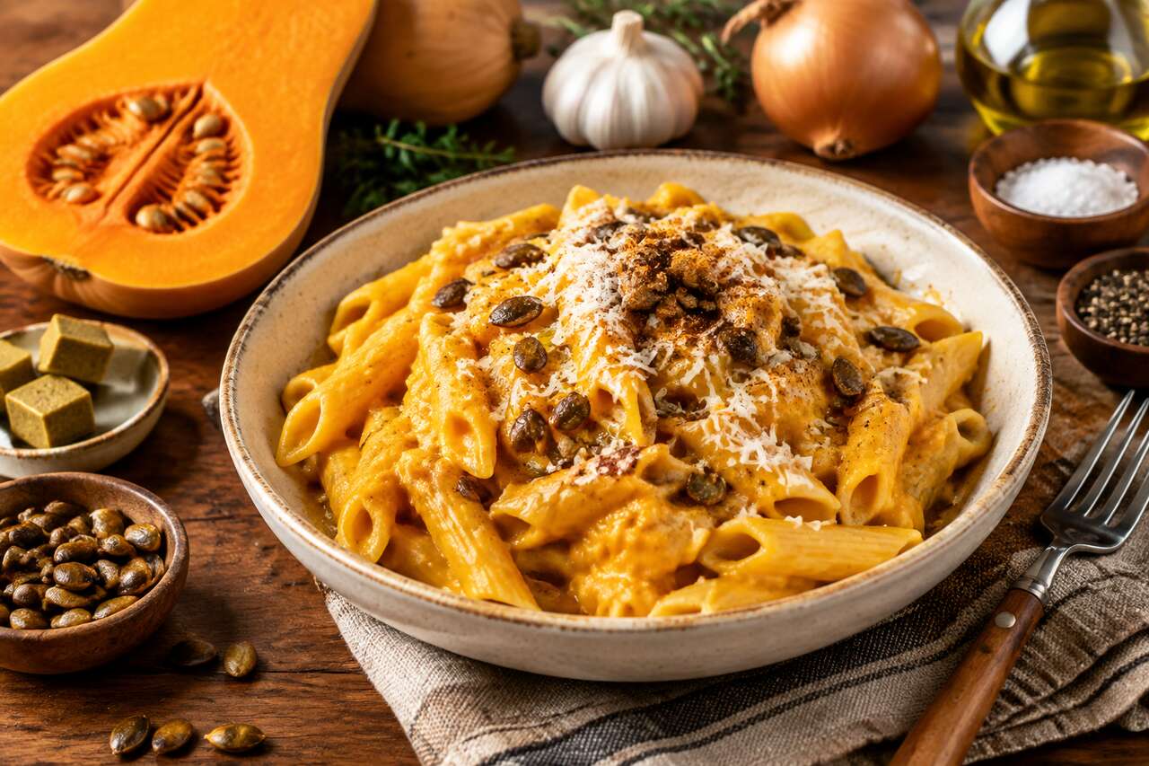 Pâtes au butternut crémeux : recette anti-gaspi savoureuse