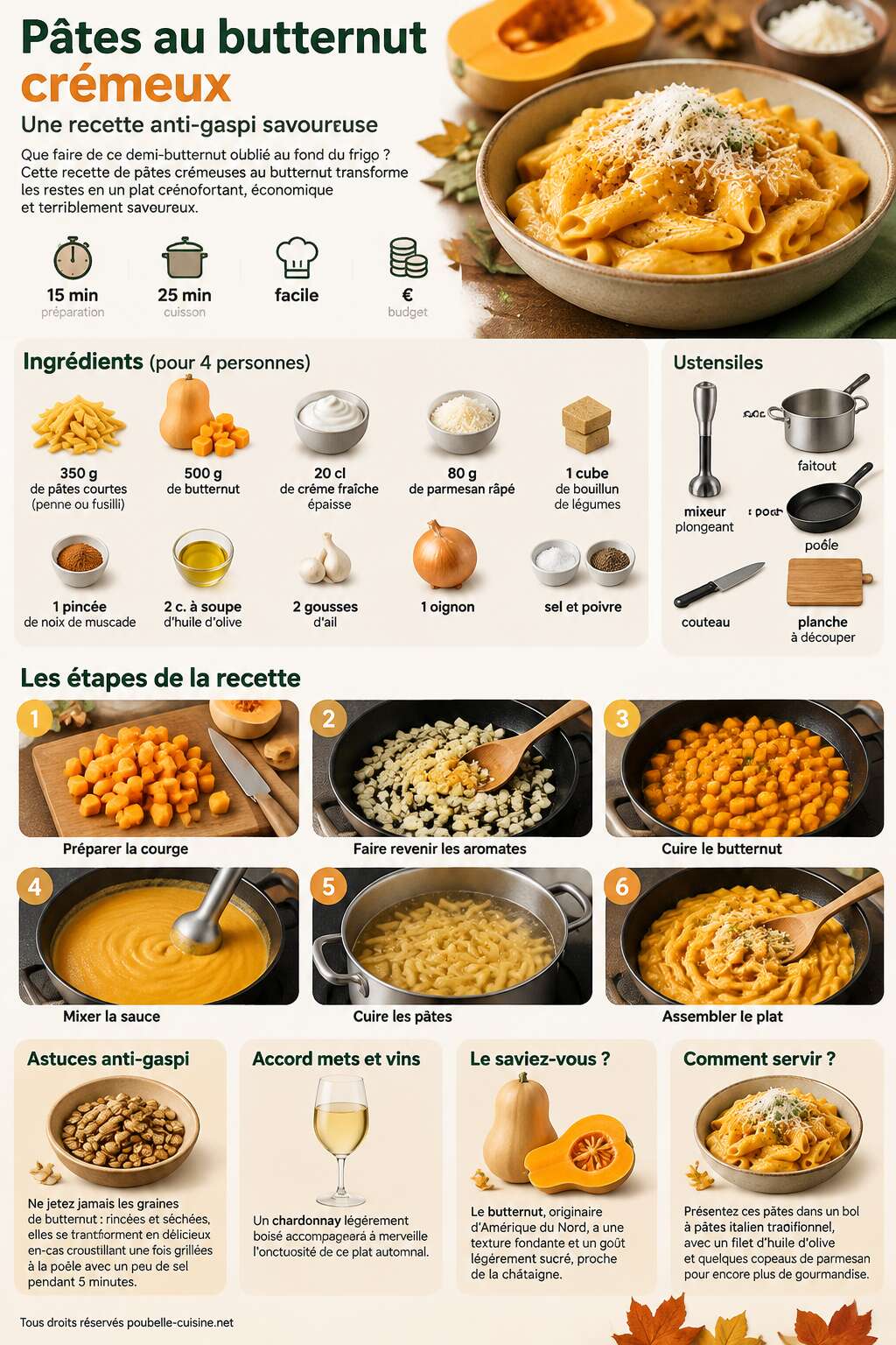Fiche recette P&acirc;tes au butternut cr&eacute;meux : recette anti-gaspi savoureuse