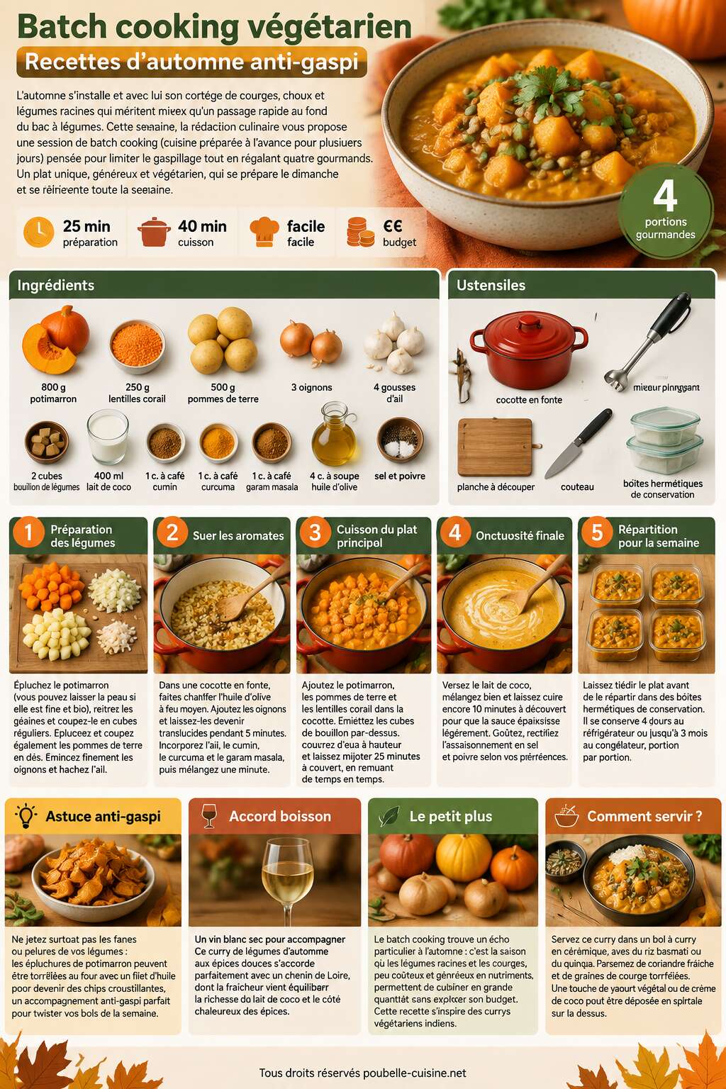 Fiche recette Batch cooking v&eacute;g&eacute;tarien : recettes d'automne anti-gaspi