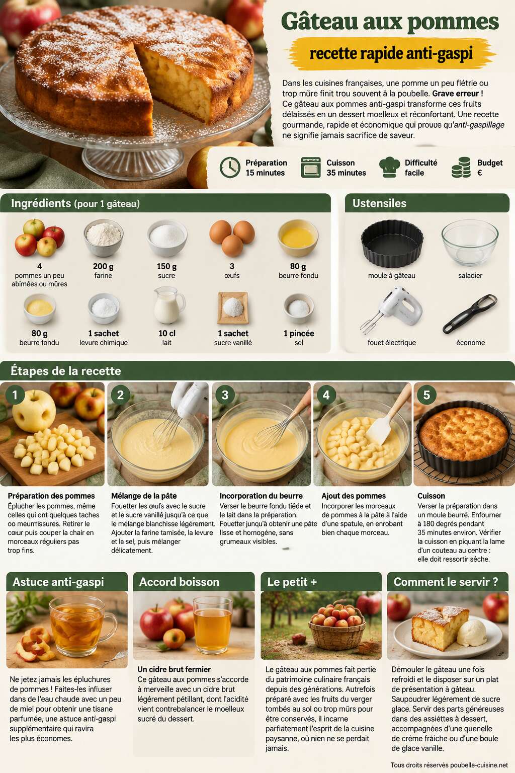 Fiche recette G&acirc;teau aux pommes : recette rapide anti-gaspi
