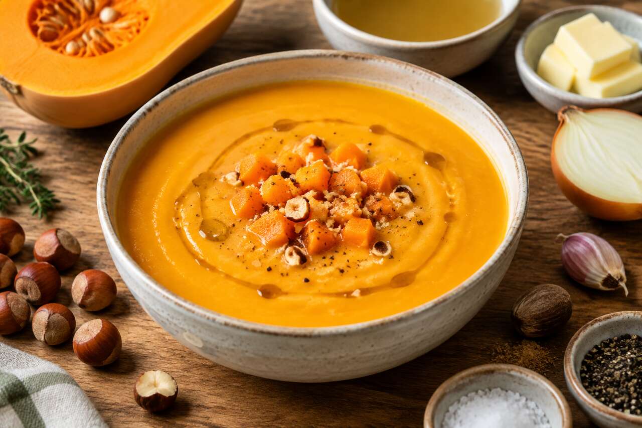 Soupe onctueuse butternut et huile de noisette : recette anti-gaspi