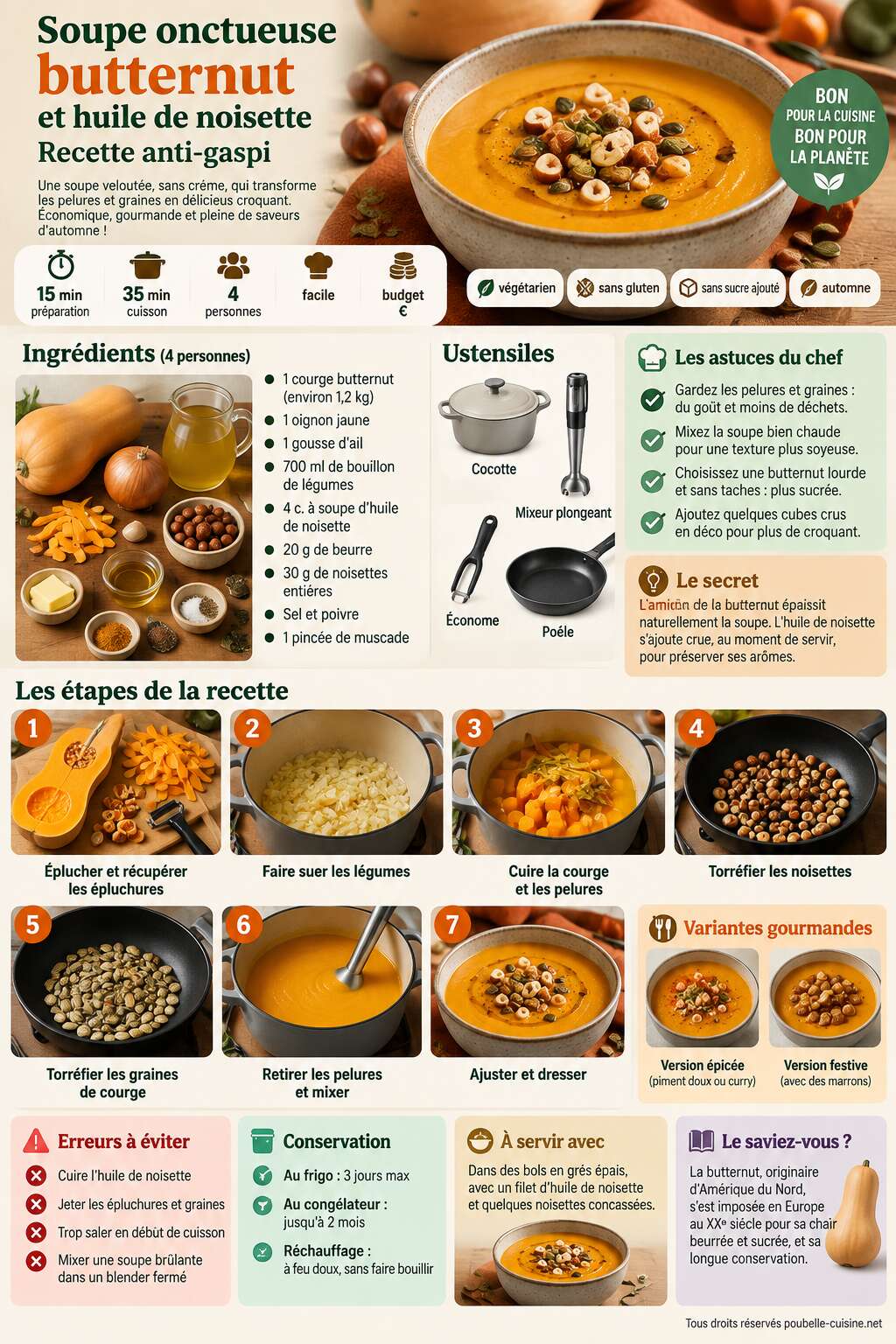 Fiche recette Soupe onctueuse butternut et huile de noisette : recette anti-gaspi