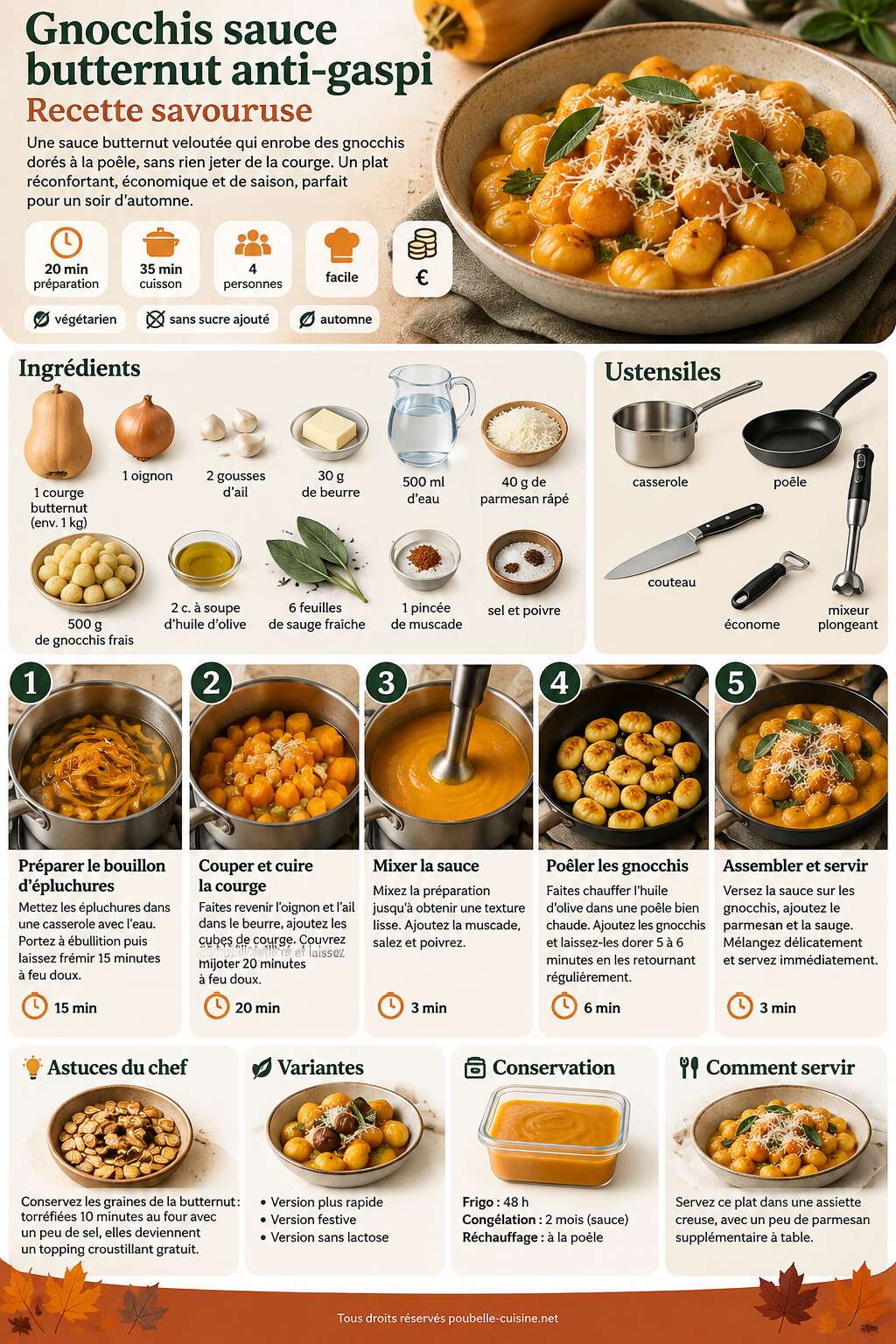 Fiche recette Gnocchis sauce butternut anti-gaspi : recette savoureuse Fiche recette Gnocchis sauce butternut anti-gaspi : recette savoureuse