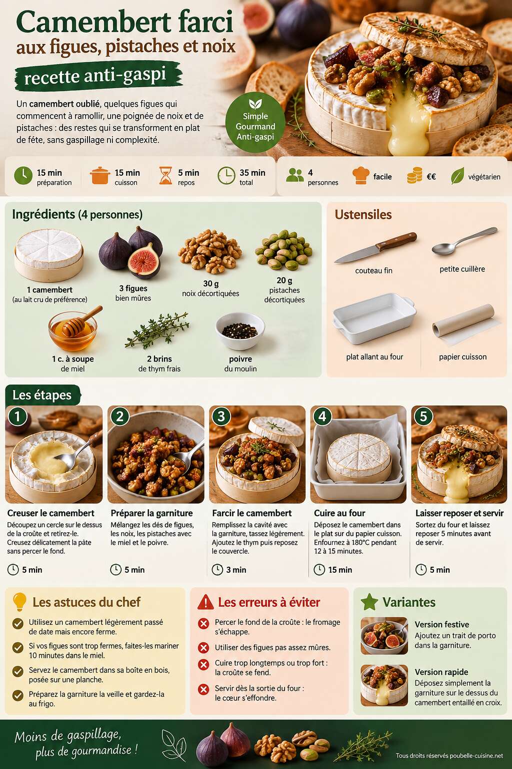 Fiche recette Camembert farci aux figues, pistaches et noix : recette anti-gaspi