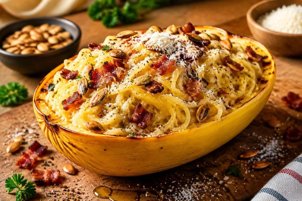 Recette de courge spaghetti carbonara anti-gaspi