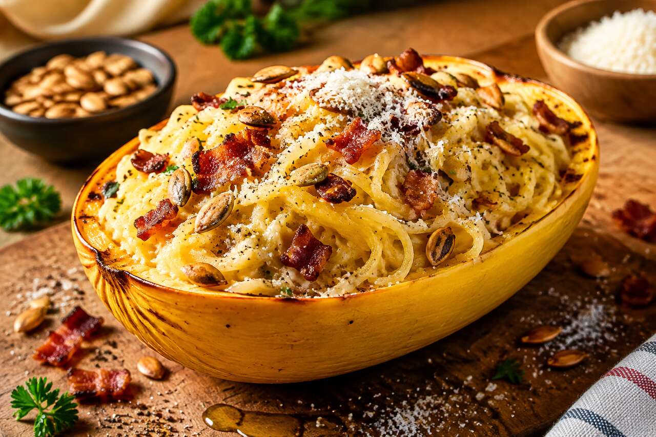 Recette de courge spaghetti carbonara anti-gaspi