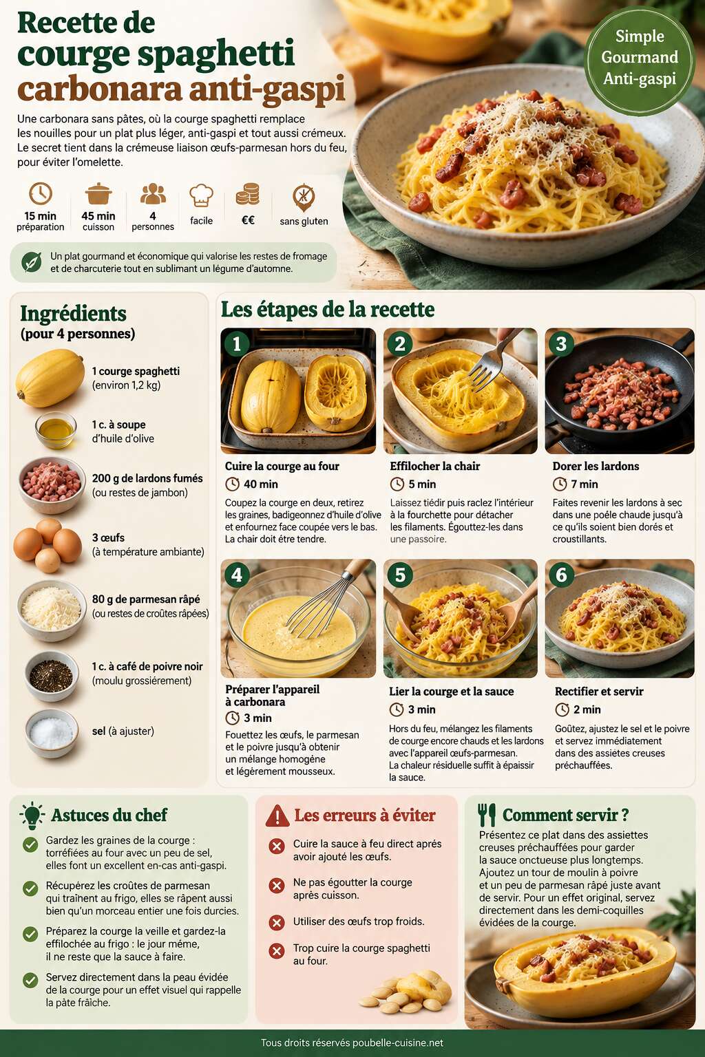 Fiche recette Recette de courge spaghetti carbonara anti-gaspi Fiche recette Recette de courge spaghetti carbonara anti-gaspi