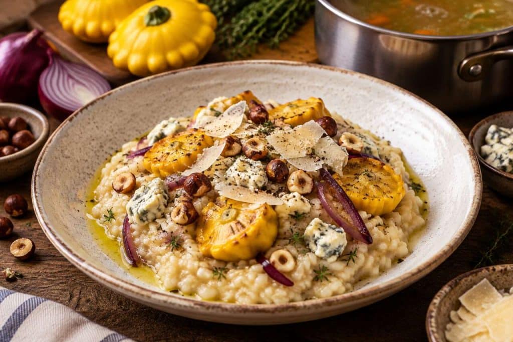 Risotto de pâtisson : recette au gorgonzola, oignons rouges et noisettes