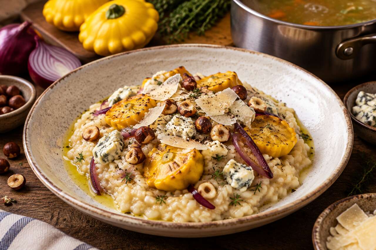 Risotto de pâtisson : recette au gorgonzola, oignons rouges et noisettes